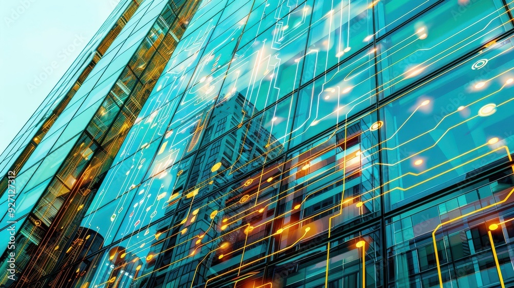 Poster a modern city building with glass windows, reflecting a circuit board pattern. the building is tall 