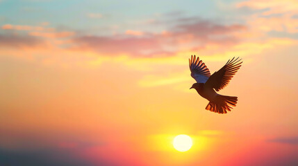 Obraz premium a picture of a bird flying against a sunset.