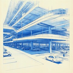Crosssectional blueprint of a multilevel parking structure, focusing on the layout of ramps, spaces, and access points Layout Engineering, Parking structure layout