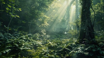 Obraz premium Sunlight Filtering Through a Lush Forest