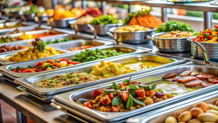 Close up of a variety of foods on plates in a buffet at a restaurant, buffet, food, plates, restaurant, table, dining