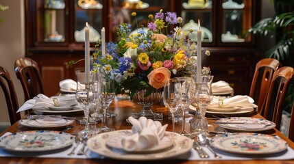 A formal dining table is set with fine china and silverware, adorned with a vibrant floral centerpiece featuring pink roses, blue delphiniums, and yellow daisies. Two lit candles stand tall on the tab