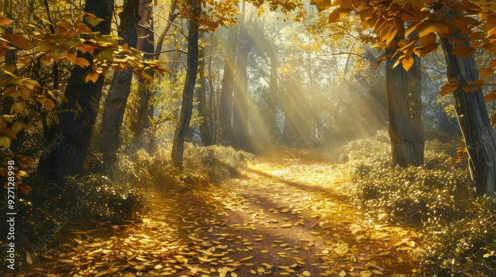 Poster A narrow path winds through a dense forest, lined with trees whose leaves have turned a brilliant yellow. Sunlight streams through the canopy, casting long shadows on the fallen leaves that carpet the