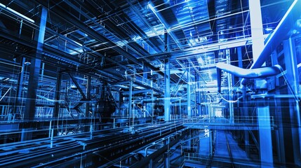 Obraz premium Neon-lit Futuristic Industrial Plant Showcasing Automation Technology Integration in Modern Business Operations