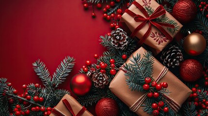 A Christmas holiday background features gift boxes, baubles, red berries, and snowy fir branches on a red backdrop in a flat lay top view with copy space.