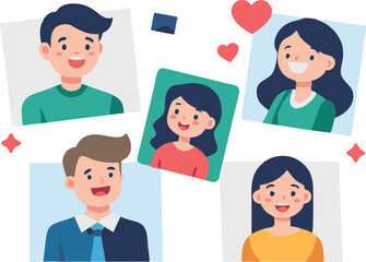 A cheerful group of five diverse characters with smiling faces and hearts around them, showcasing emotion and connection.