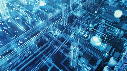 Obraz premium Neon-lit Futuristic Industrial Plant Showcasing Automation Technology Integration in Modern Business Operations