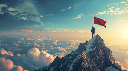A person is standing on a mountain peak with a red flag, overlooking a snowy mountain range.

