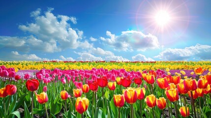 A vast field of vibrant tulips blooms under a bright, sunny spring sky. The flowers are in various shades of red, yellow, and pink, creating a beautiful patchwork of color. White fluffy clouds drift a
