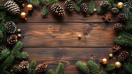 A wooden desk table background features Christmas decorations and fir tree branches framing the corners, designed for a vertical banner poster template.