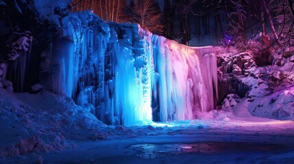 A frozen waterfall is illuminated in a stunning display of blue and purple light at night. The ice glistens under the colorful beams, casting an ethereal glow over the surrounding snowy landscape. The