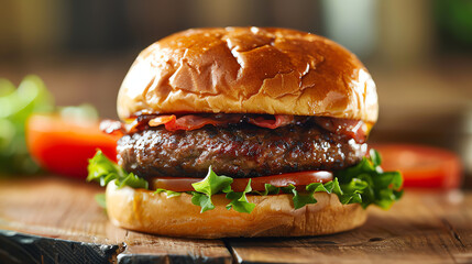 a hamburger with a beef patty, cheese, lettuce, tomato, and a toasted bun.