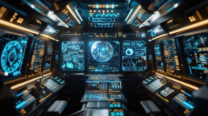 A close-up view of the interior of a futuristic spaceship's bridge, featuring numerous control panels, screens, and displays. A large screen in the center shows a holographic image of Earth with data 