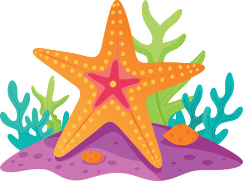 recommend clip art: A bright starfish sits on the ocean floor surrounded by colorful coral and sea plants.