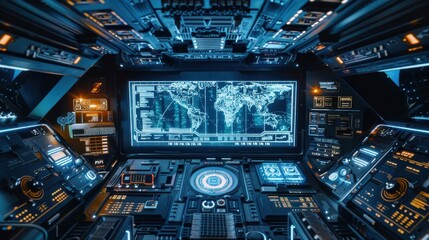 Fototapeta premium The interior of a futuristic spaceship is shown, featuring a large screen displaying a digital world map with blue and white lines. A central control panel with numerous buttons and displays is visibl