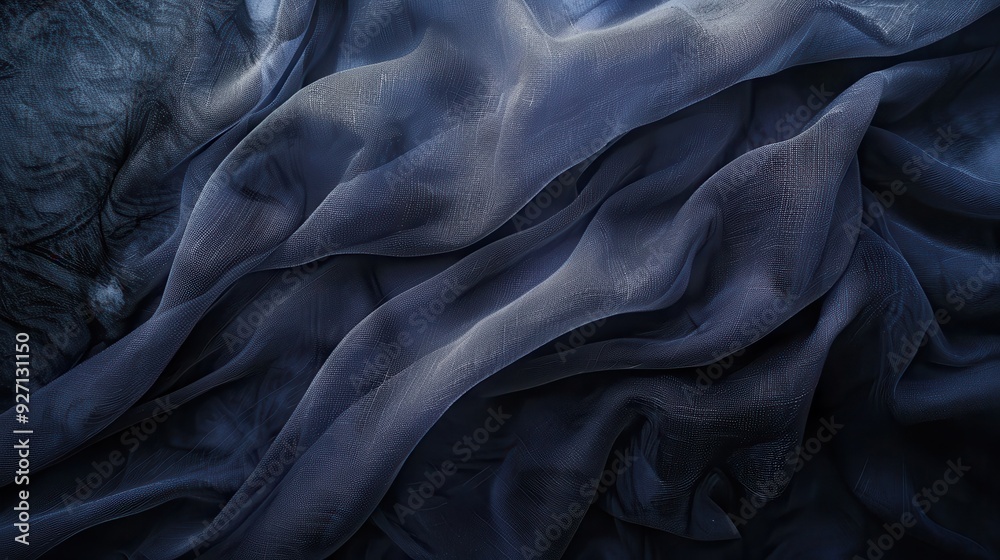 Poster Soft, blue, sheer fabric is draped and folded, creating abstract waves and patterns. The texture of the fabric is evident, showcasing its delicate, almost translucent quality.