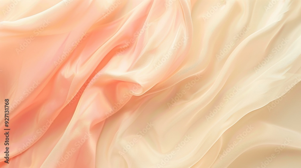 Poster a close-up shot of a peach and cream colored fabric draped in soft folds. the fabric is light and de