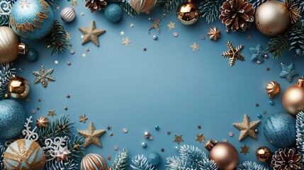 Top view of blue and silver Christmas decorations, stars, and balls with confetti on a light blue background for a Christmas frame and New Year greeting card template.