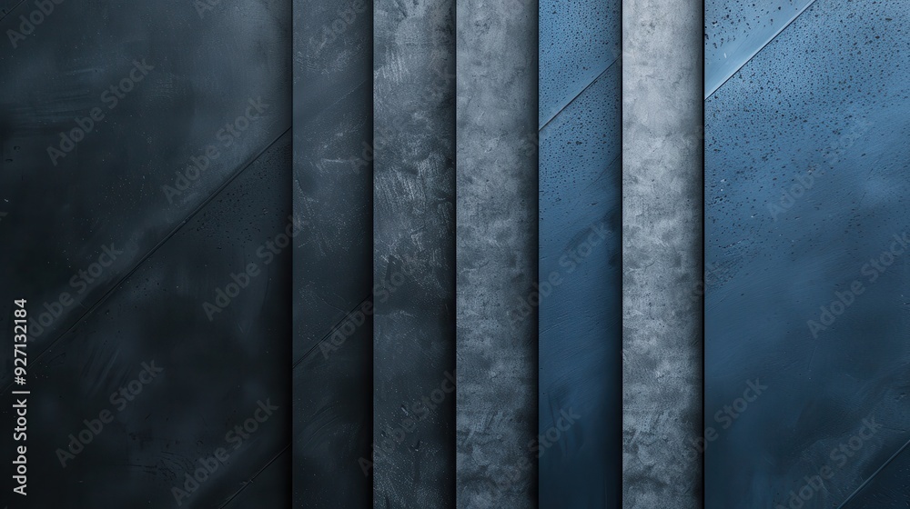 Poster The image depicts a close-up view of several vertical slate panels, some with a smooth surface, others with a rougher texture. The panels are all a dark blue color, with some of them having water drop