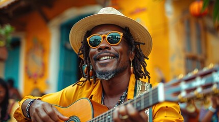 Joyful Musical Performance by Charismatic Reggae Musician on City Street