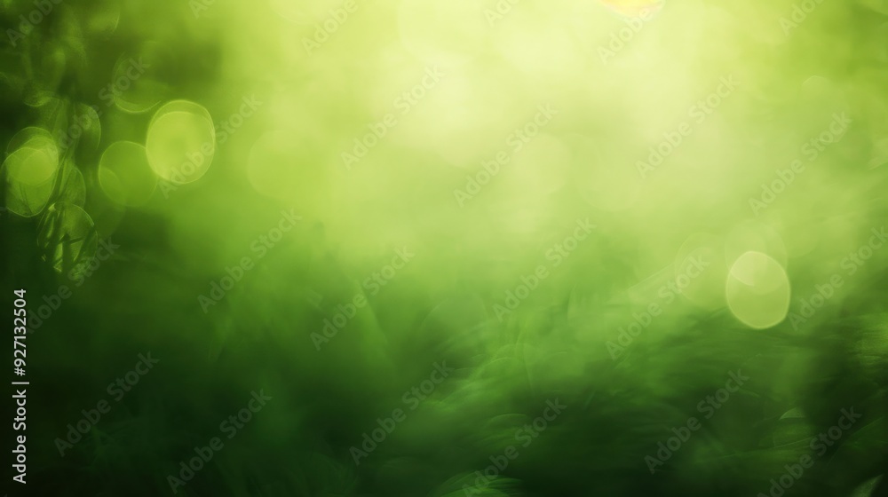 Poster a blurred green background with bokeh circles created by sunlight shining through the leaves of a fo