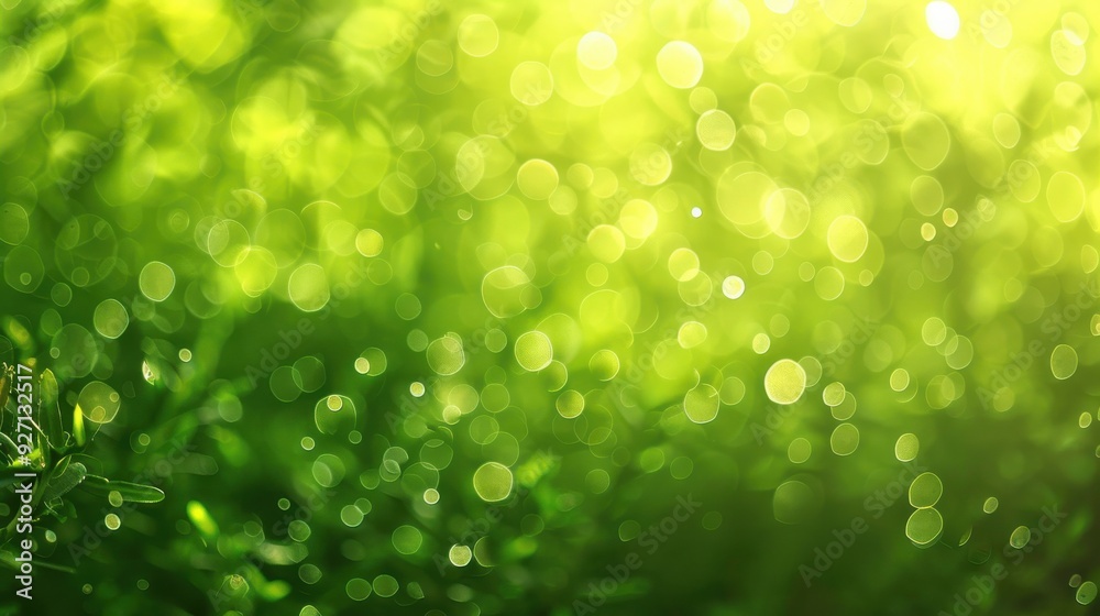 Poster Sunlight filters through a thick canopy of green leaves, creating a blurry background with bright, round bokeh shapes. The light is soft and warm, casting a gentle glow on the foliage.