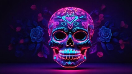 sugar skull in neon light for Day of the Dead celebrations, created with Generative AI Technology
