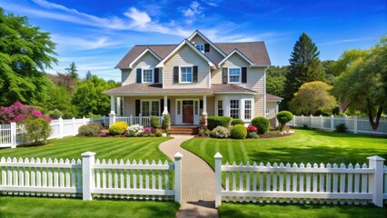Beautiful suburban house with a well-manicured lawn and white picket fence, home, residential, architecture, neighborhood