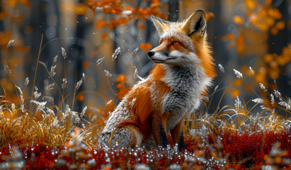 Obraz premium A fox is sitting in the grass with its head up. The fox is brown and white