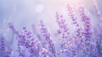 Obraz premium A field of lavender flowers are in full bloom, bathed in the soft, warm light of the morning sun. The purple blossoms stand out against a pale blue sky, creating a peaceful and serene scene.