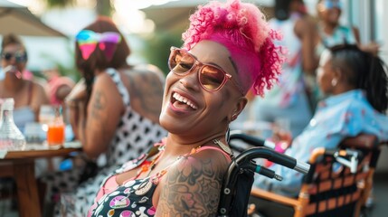 Obraz premium A woman with pink hair, sunglasses, and a tattoo smiles while sitting in a wheelchair.