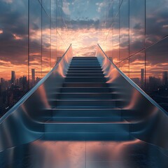 Fototapeta premium Upward Ascent Through Steel Stairs Towards Bright Urban Skyline Horizon