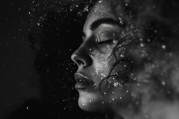 A woman submerged underwater with bubbles around her face in black and white