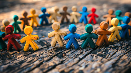 a circle of small, colorful, wooden people. They're standing close together, in different colors.