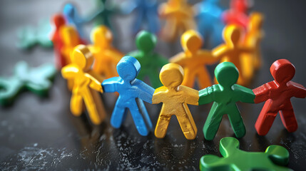 a circle of small, colorful, wooden people. They're standing close together, in different colors.