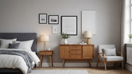 A decent grey bedroom interior image with arm chairs, wardrobe with accessories, and photo frames on the front wall interior template.