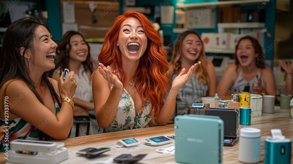 Poster A group of women excitedly exploring a new tech gadget store They test out various devices while discussing the features and benefits Stock Photo with copy space