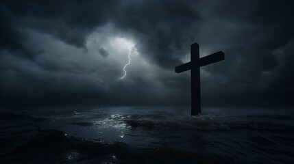 A large wooden cross stands in the middle of the ocean as a storm rages above.