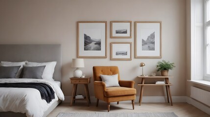 Fototapeta premium A bedroom with arm chair and multiple photo frames on the wall interior image, empty art frame interior design template.