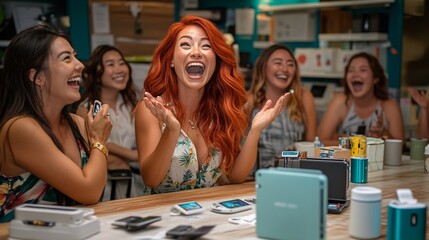 A group of women excitedly exploring a new tech gadget store They test out various devices while discussing the features and benefits Stock Photo with copy space