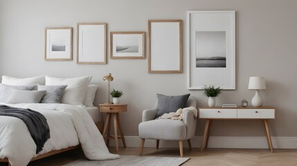 Fototapeta premium A bedroom interior design image with side lamp and arm chair, photo frame on the white wall interior image.