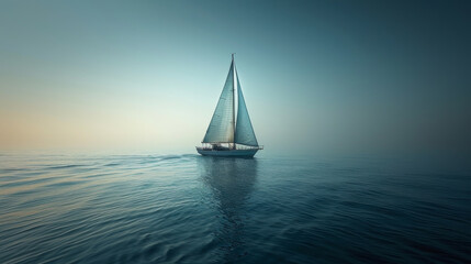 Fototapeta premium Small Yacht Sailing Alone in Vast Ocean Under Expansive Sky