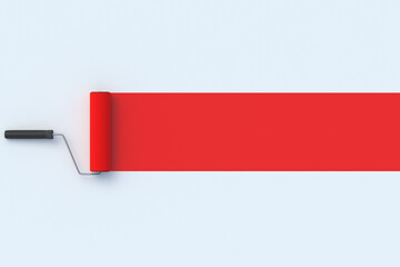 Paint roller and a trace of red color on the wall. Home improvement and renovation. New design solutions. Copy space. 3d render