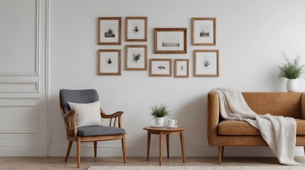 A wooden flooring and white wall interior area image with arm chair and sofa, planters, coffee table, and photo frames on front wall.