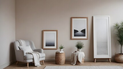 Fototapeta premium High resolution photo frame on the wall interior image template, empty art frame interior design ai generated designer pictures.
