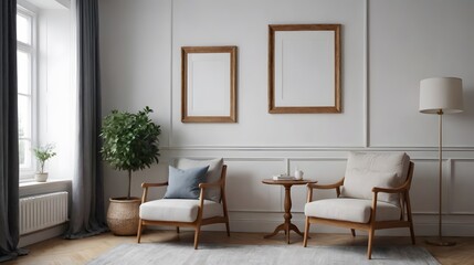 High resolution photo frame on the wall interior image template, empty art frame interior design ai generated designer pictures.