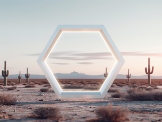 Fototapeta premium A luminous hexagonal frame set against a desert landscape with cacti, representing modern design and creative inspiration.