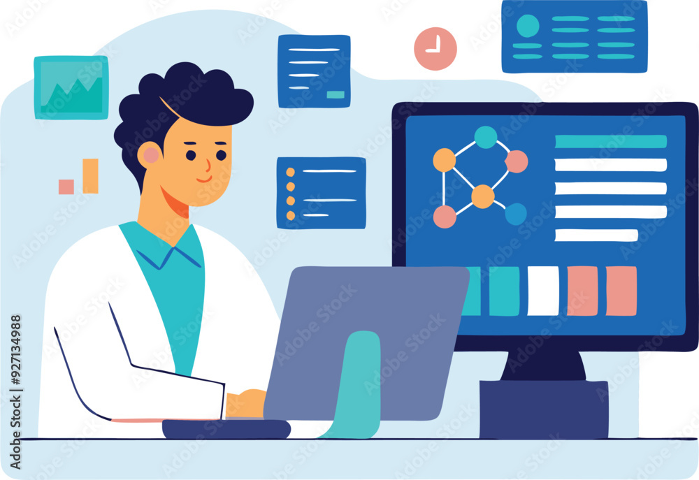 Poster a scientist analyzes data on a computer, surrounded by research visuals and charts in a modern labor