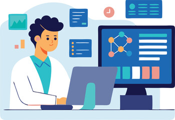 A scientist analyzes data on a computer, surrounded by research visuals and charts in a modern laboratory setting.