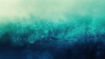 Obraz premium A digitally painted abstract background in shades of teal, green, and blue. The top of the image fades to a lighter, almost white shade while the bottom is a deep, dark blue. Small, white dots and sha